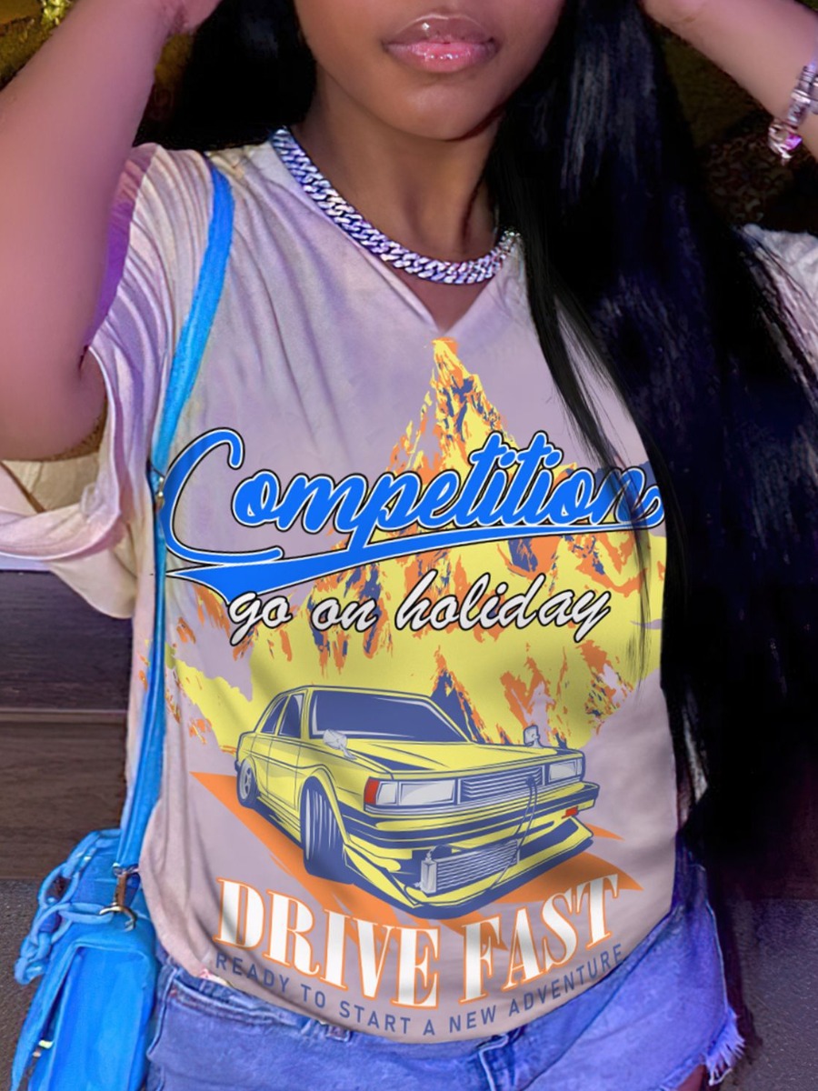 LW COTTON Racing Car Letter Print T-shirt