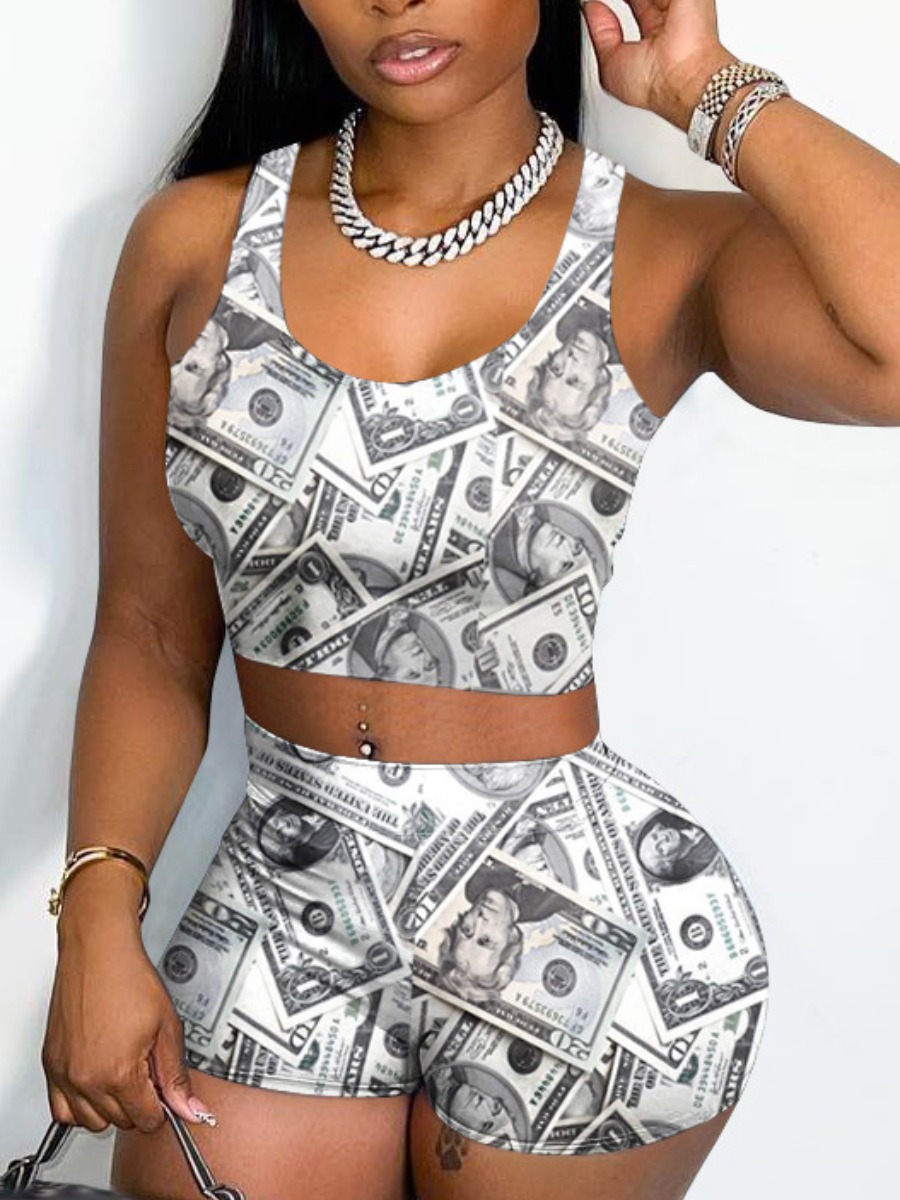 LW Crop Top Money Print Shorts Set