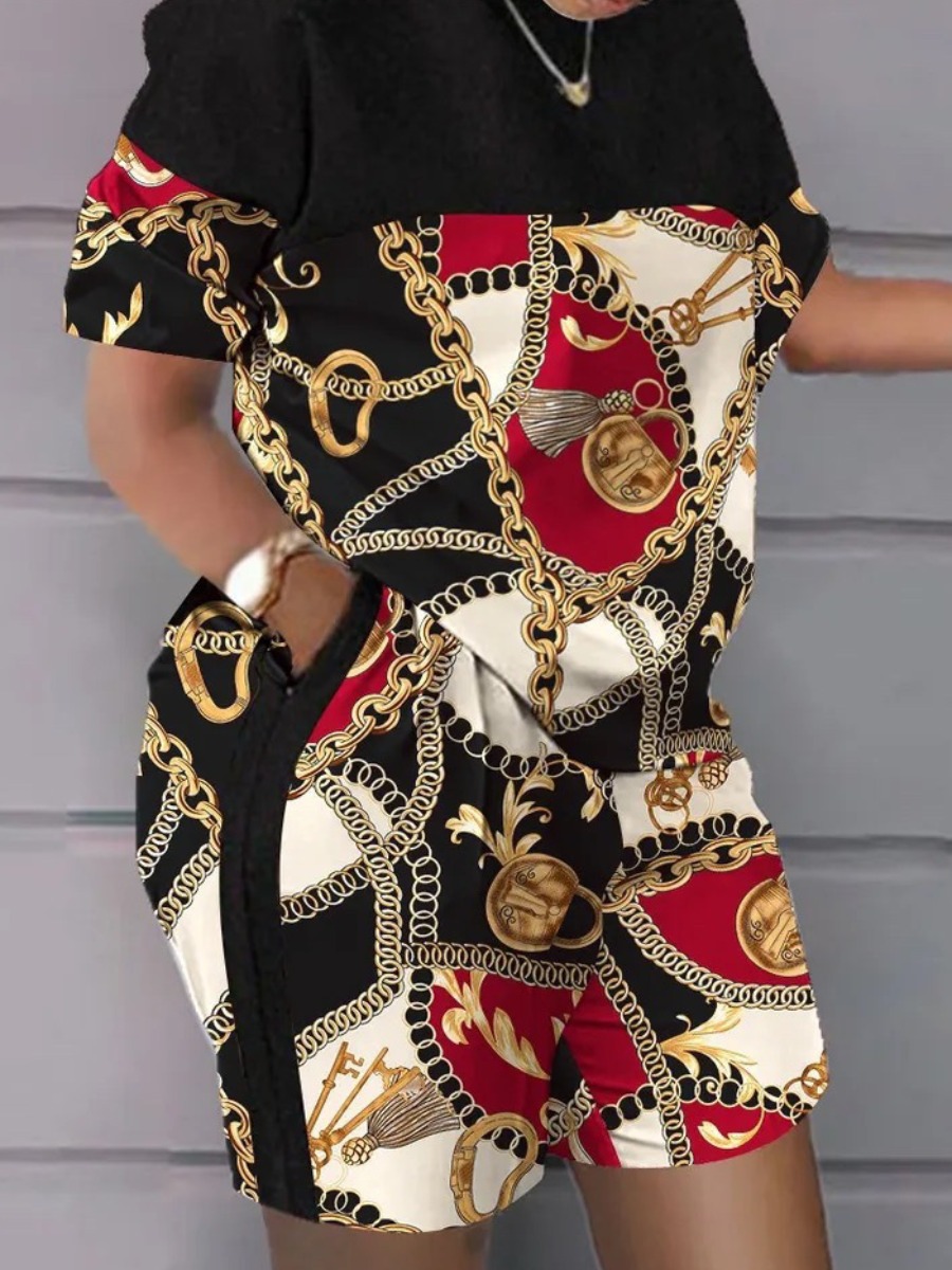 LW Plus Size Chain Print Patchwork Shorts Set