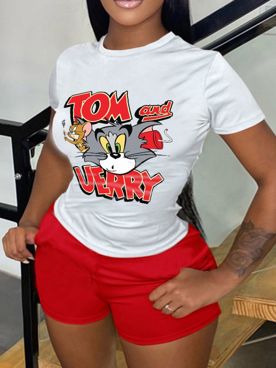 LW Tom And Jerry Cartoon Letter Print Shorts Set