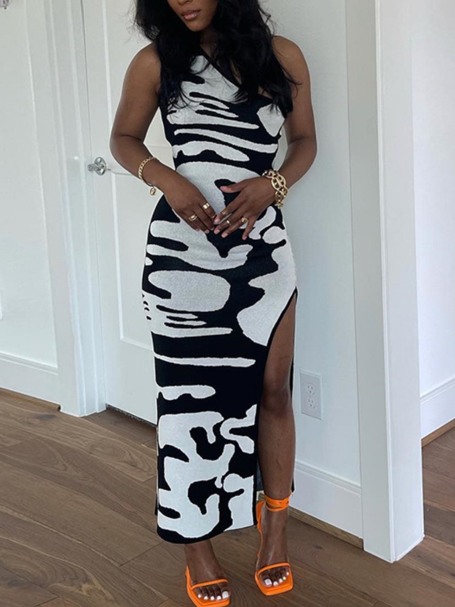 LW One Shoulder Print Thigh Slit Dress