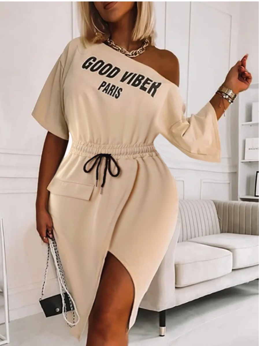 LW Plus Size Letter Print Drawstring High Split Dress