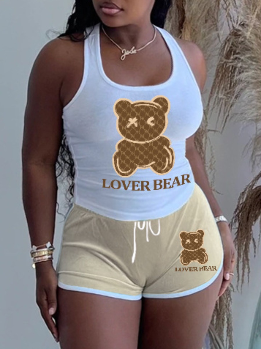 LW Lover Bear Letter Print Drawstring Shorts Set
