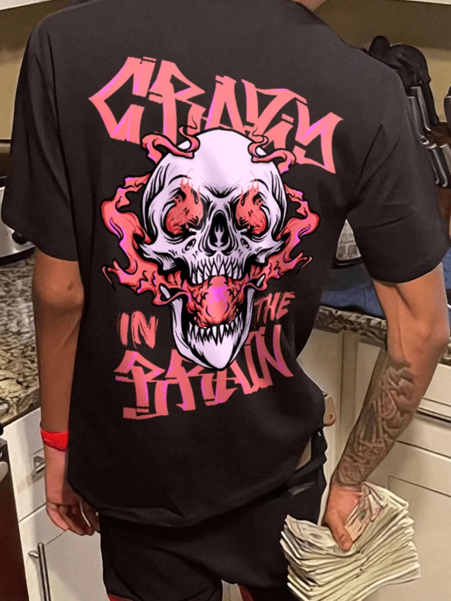LW Men Blaze Skull Head Letter Print T-shirt