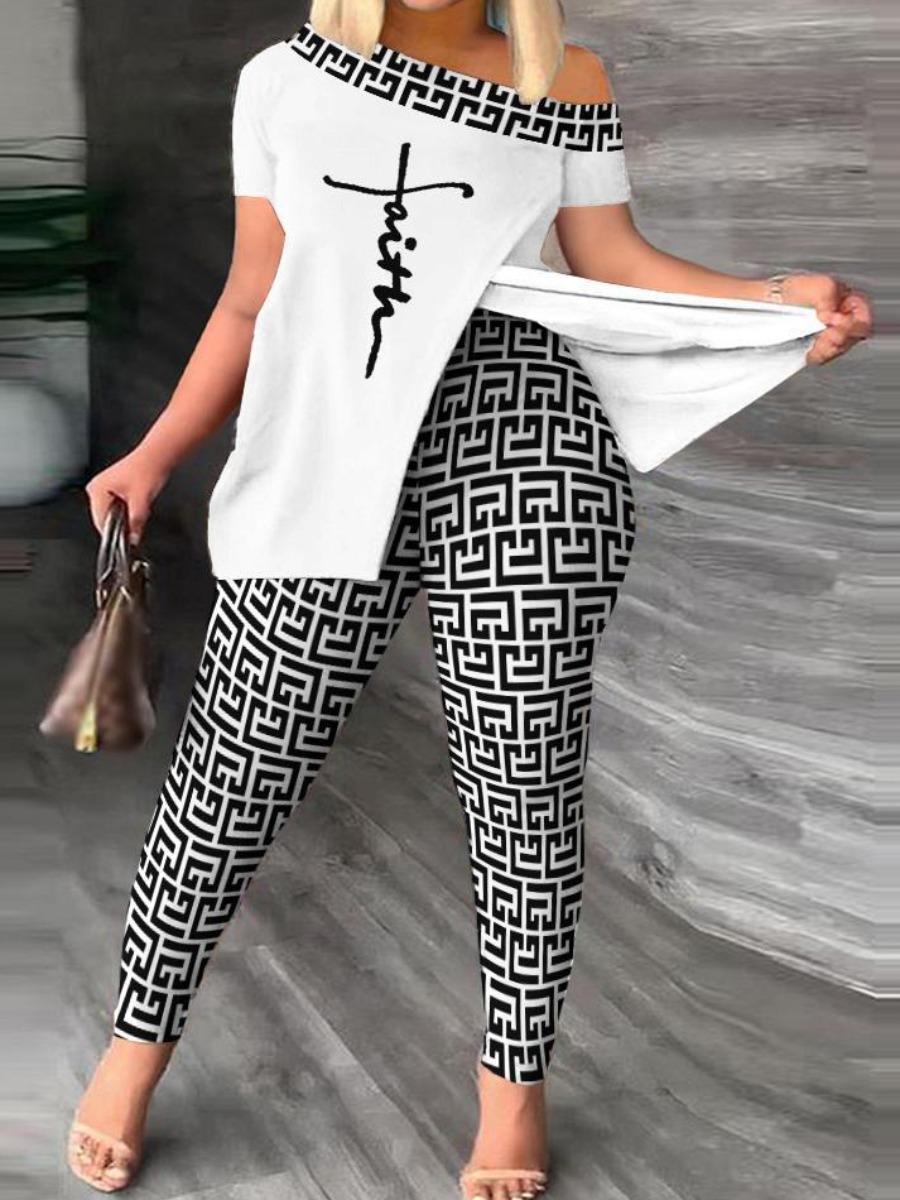 LW Geometric Faith Letter Print Striped Side Split Pants Set