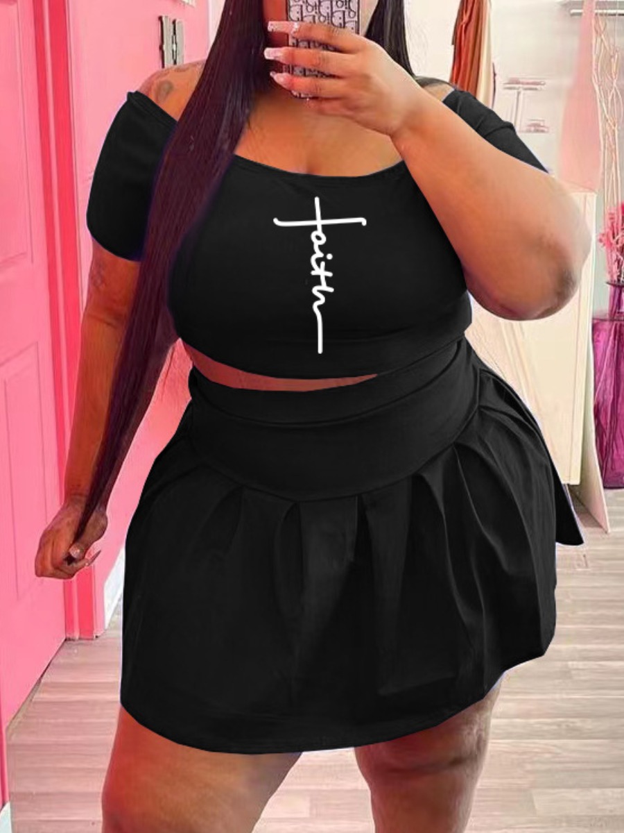 LW Plus Size Off The Shoulder Faith Print Pleated Skirt Set