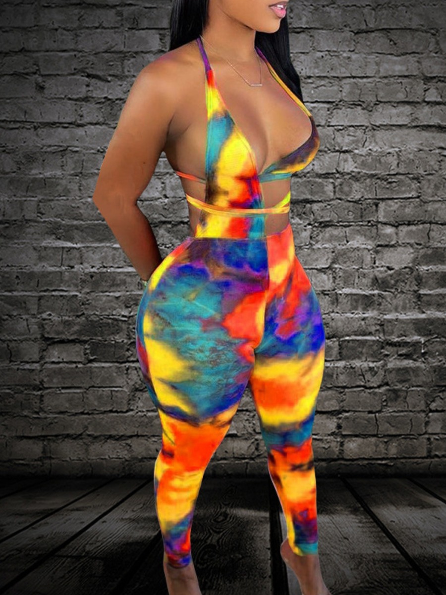 LW SXY Tie Dye Backless Bandage Design Jumpsuit