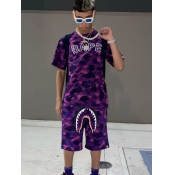 LW Men Fish Mouth Camo Letter Print Shorts Set