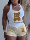 LW Plus Size Cartoon Lover Bear Print Drawstring Shorts Set