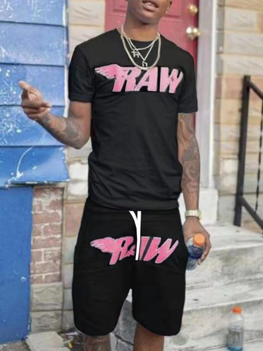 LW Men Letter Print Drawstring Shorts Set