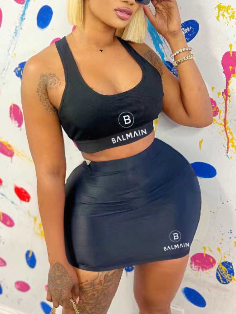 LW Crop Top Letter Print Skinny Skirt Set