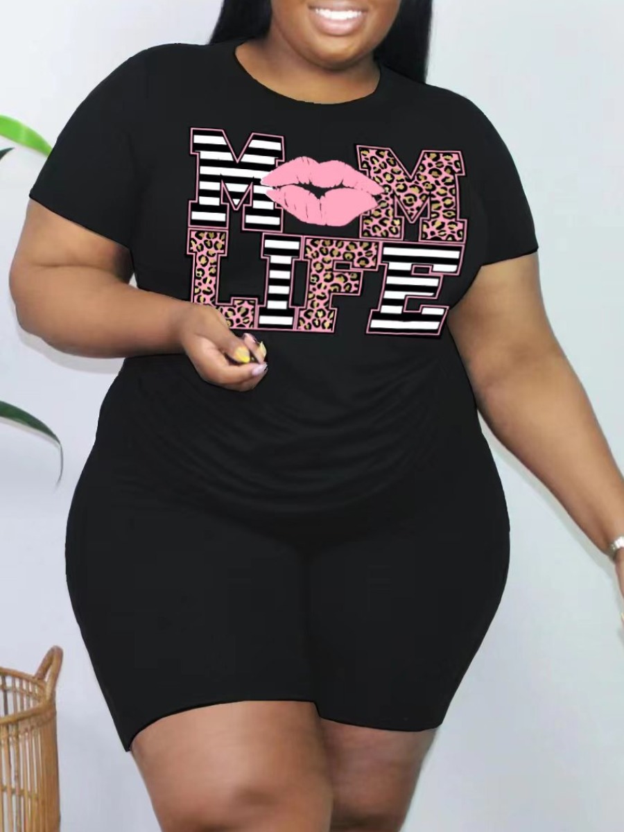 LW Plus Size Leopard Lip Letter Print Shorts Set