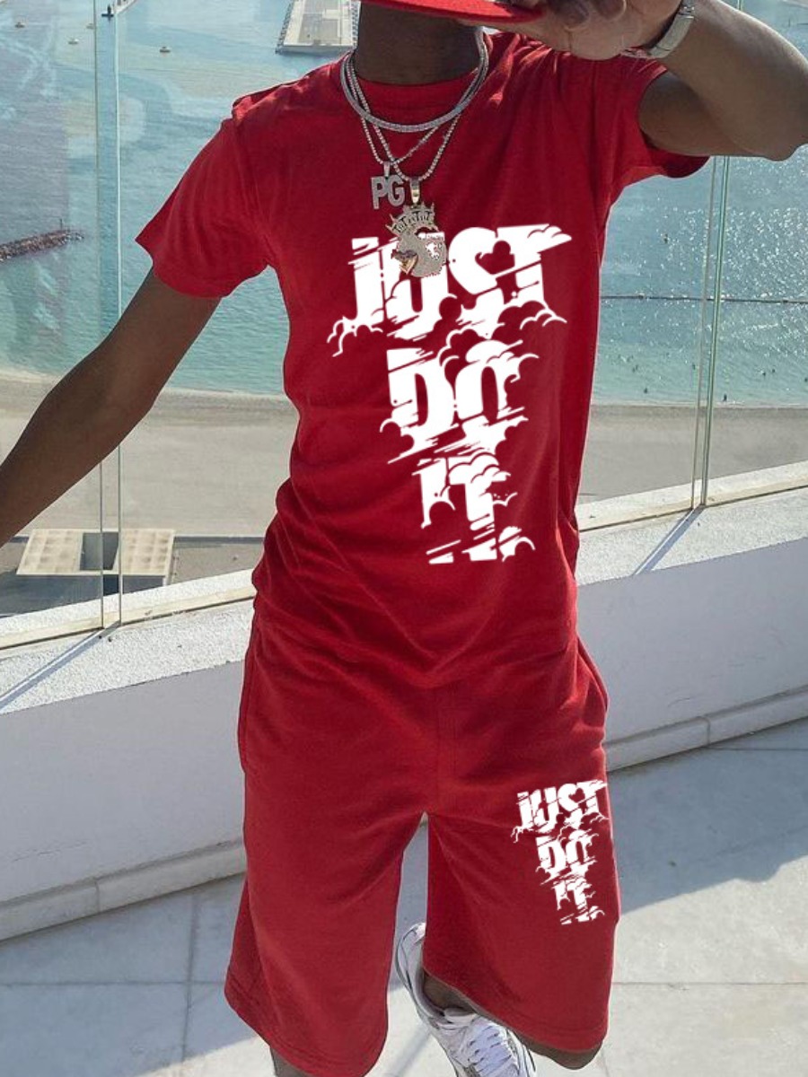 LW Men Just Do It Letter Print Drawstring Shorts Set