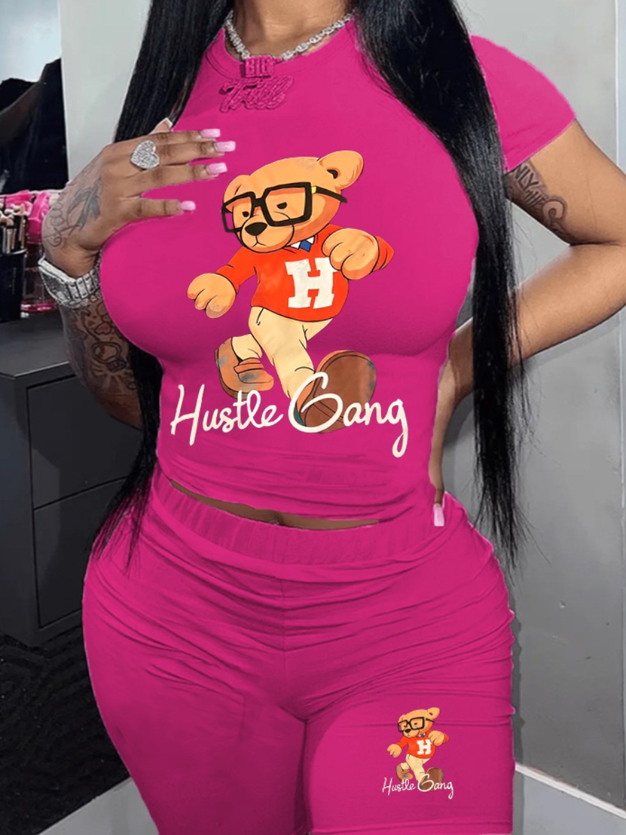 LW Plus Size Bear Cartoon Hustle Gang Letter Print Shorts Set