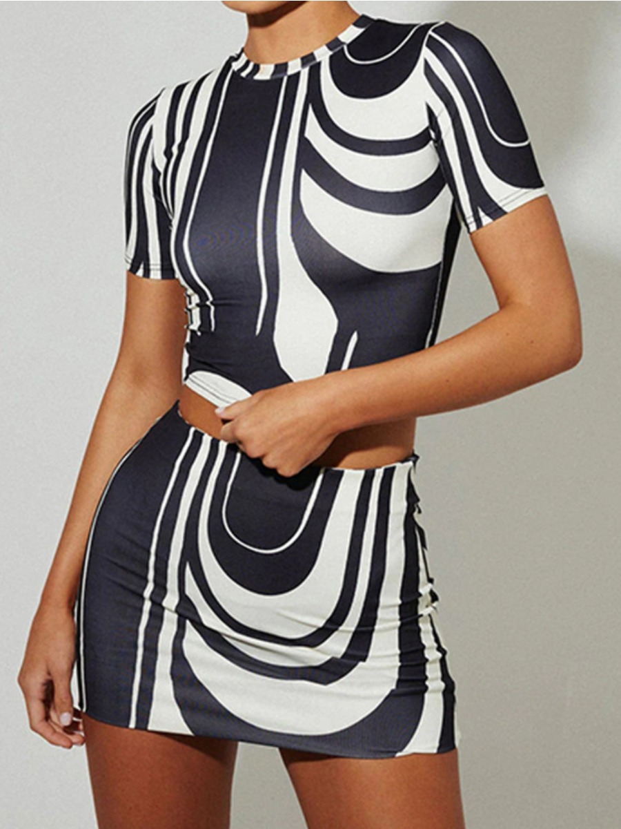 LW Crop Top Swirl Print Skirt Set (None Positioning Printing)