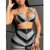 LW Bra Striped Raw Edge Shorts Set