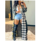 LW Casual Plaid Print Patchwork Multicolor Trench 