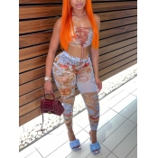 LW Crop Top Floral Print Bandage Design Pants Set