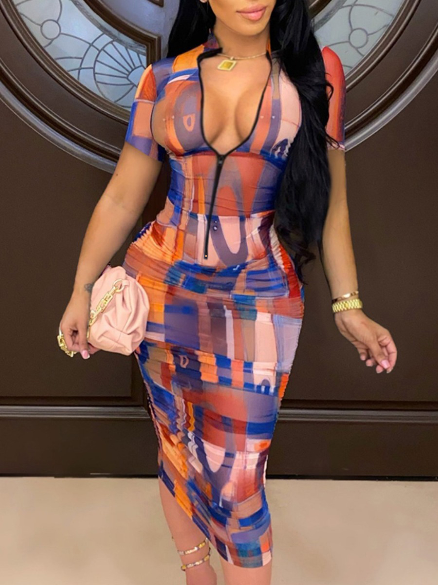 LW Plus Size Mixed Print Zipper Design Bodycon Dress