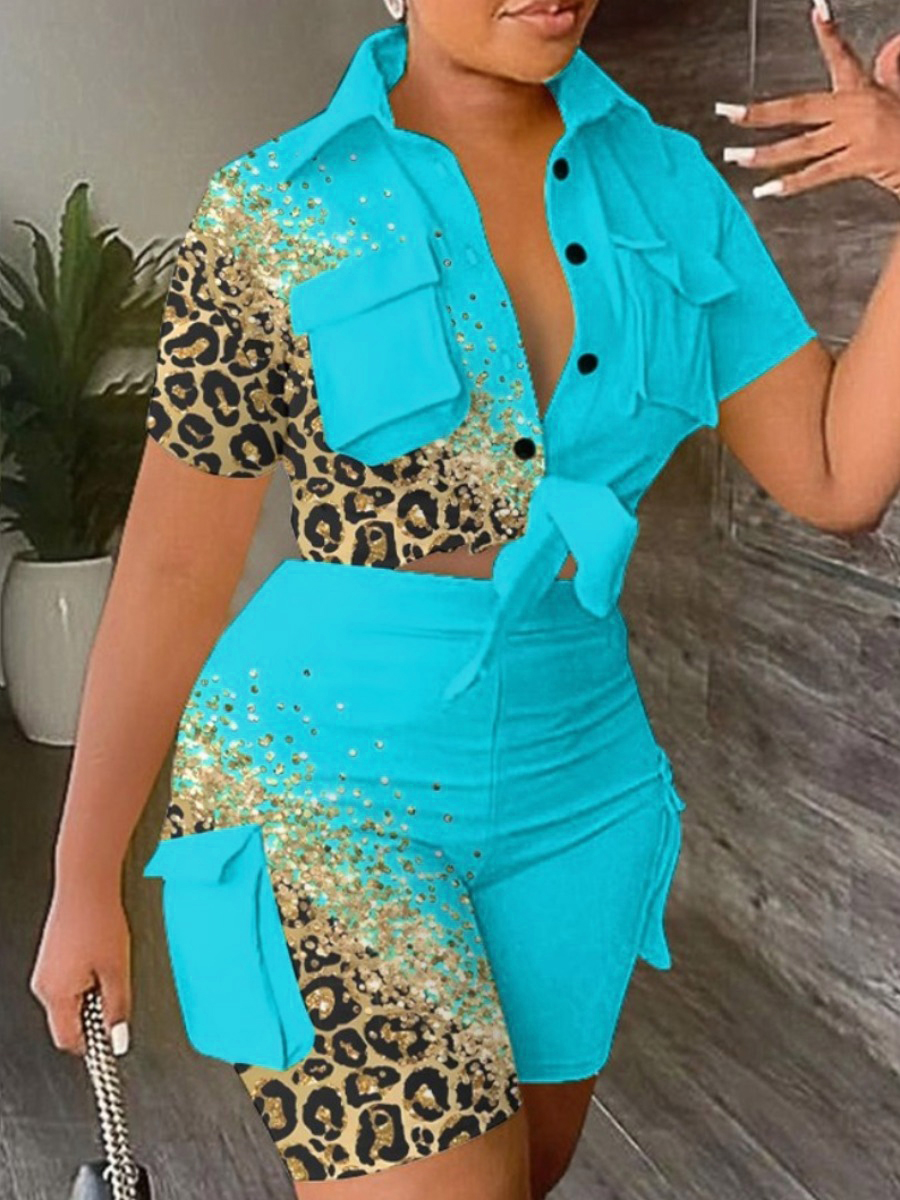 LW Plus Size Contrast Lepard Print Side Pocket Shorts Set