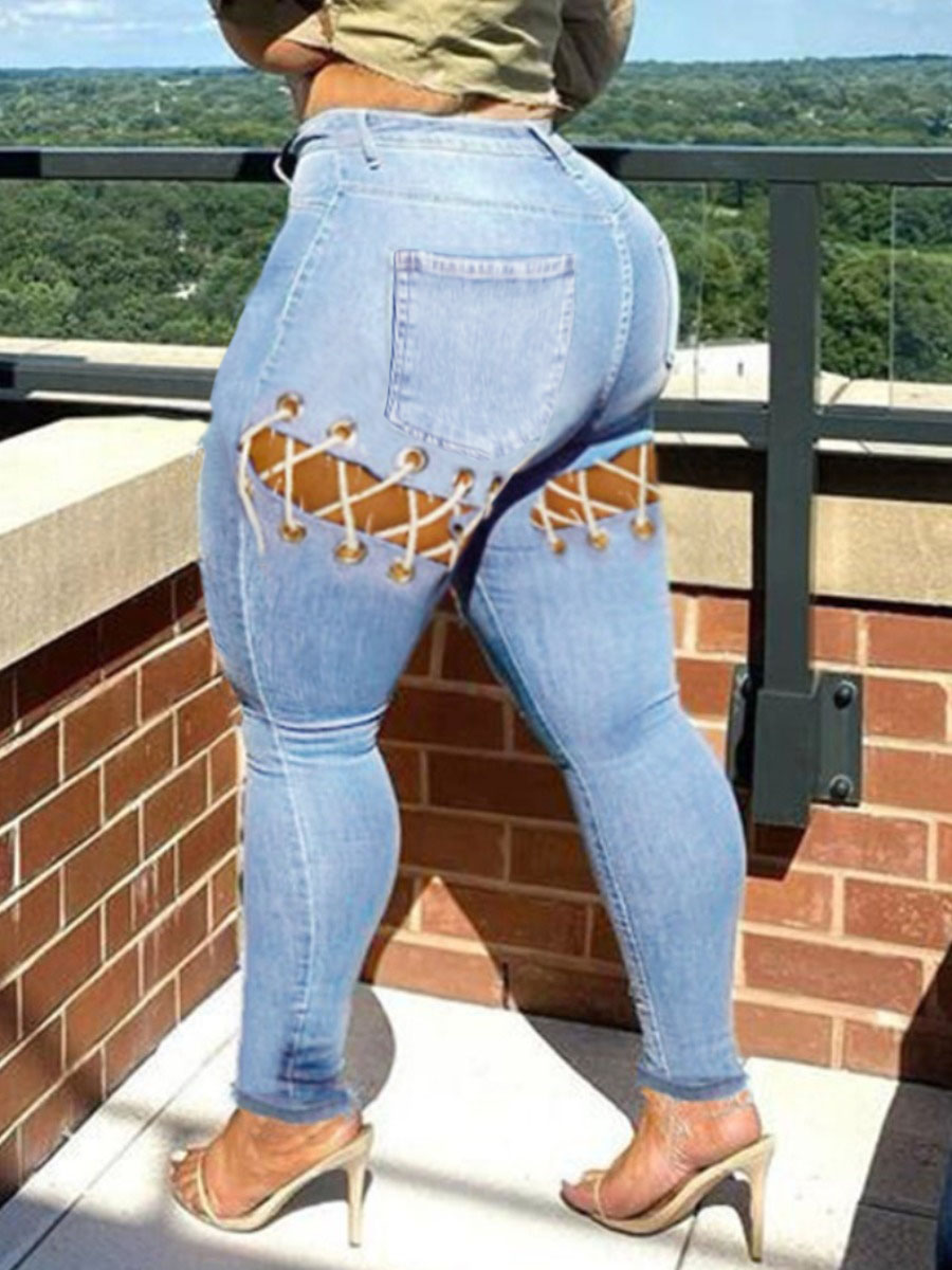 LW Plus Size High Stretchy Bandage Hollow-out Design Baby blue Jeans