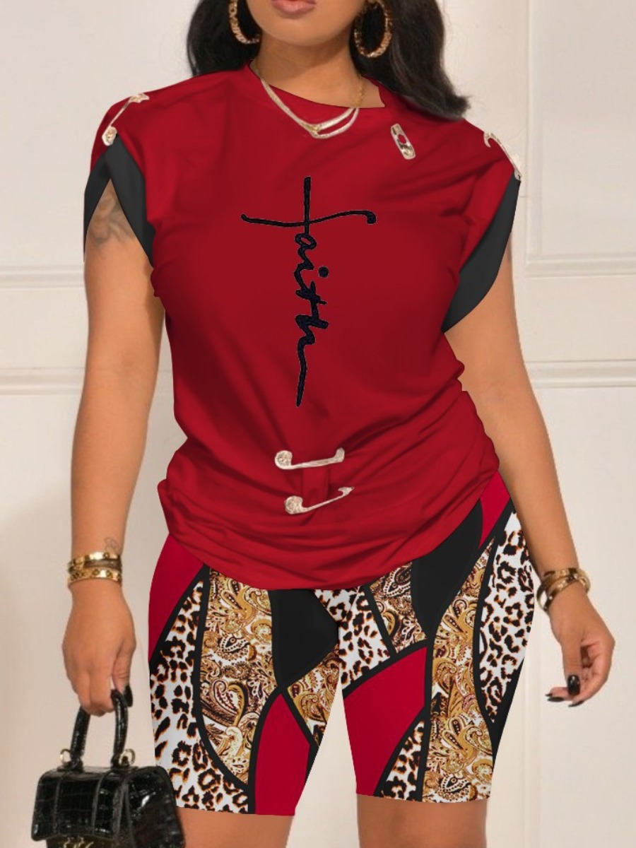 LW Plus Size Leopard Faith Letter Print Shorts Set