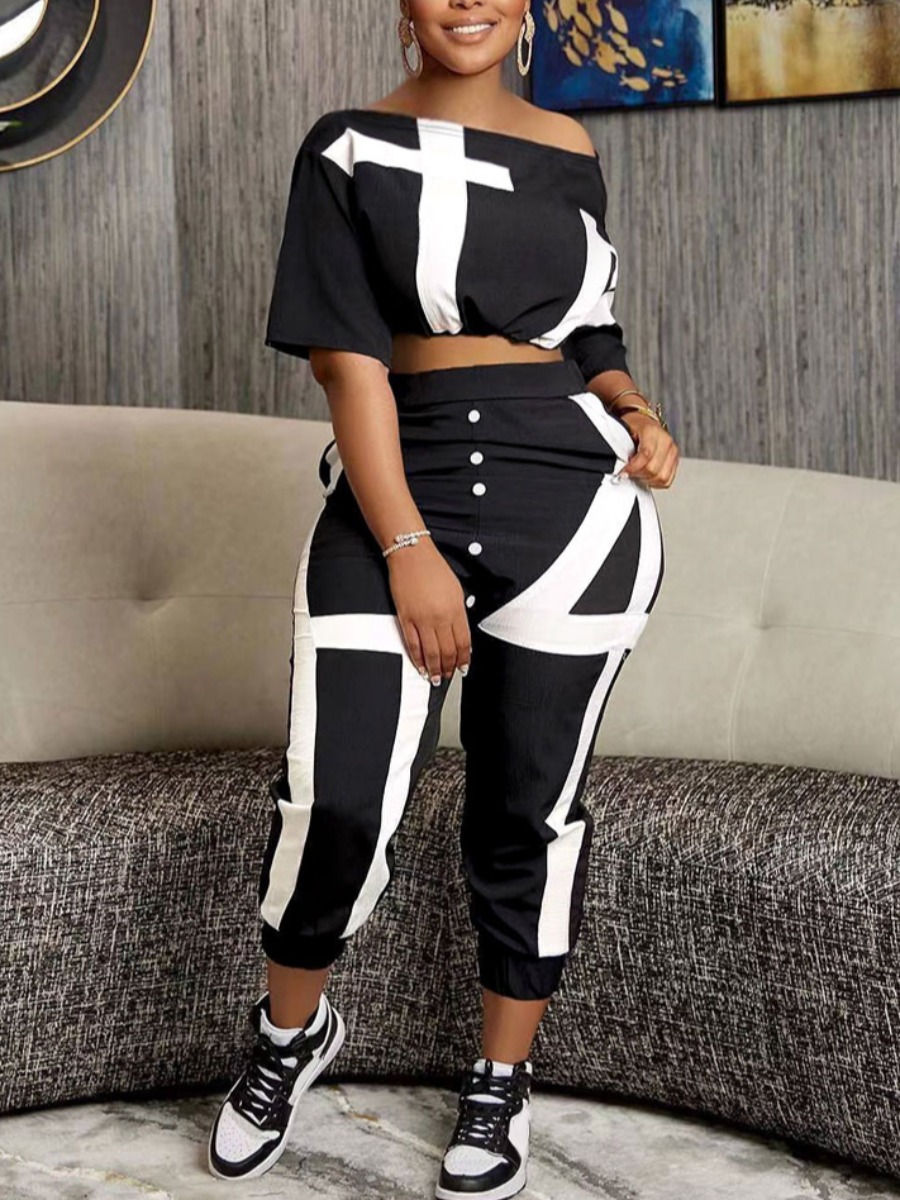 LW Plus Size Crop Top Striped Pants Set