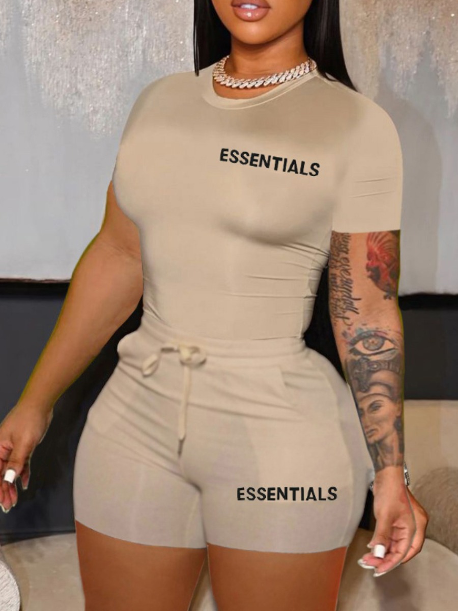 LW Plus Size Essentials Letter Print Drawstring Shorts Set