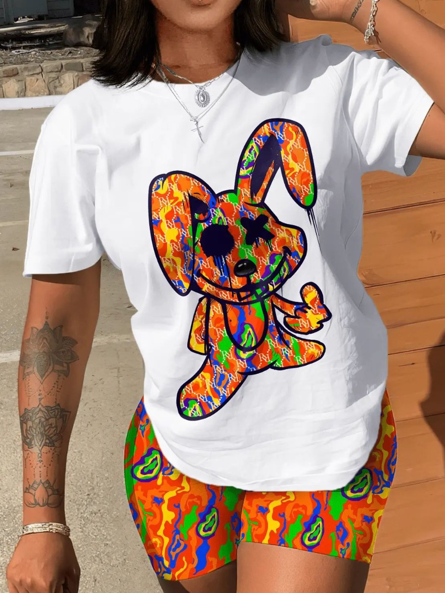 LW Plus Size Cartoon Mixed Print Shorts Set