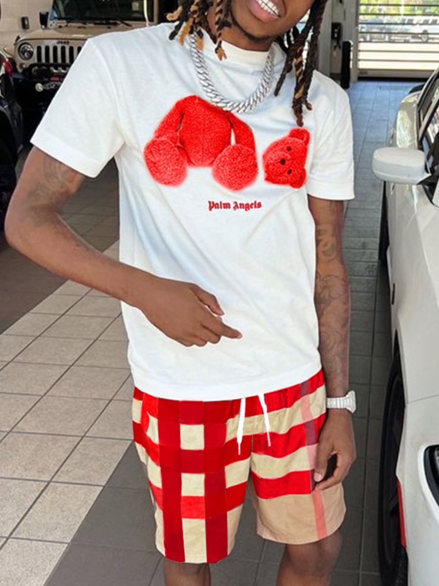 LW Men Plaid Letter Print Drawstring Shorts Set
