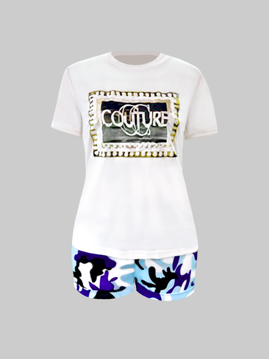 LW Leisure Camo Print Blue Two-piece Shorts Set