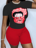 LW Plus Size Cartoon Letter Print Skinny Shorts Set