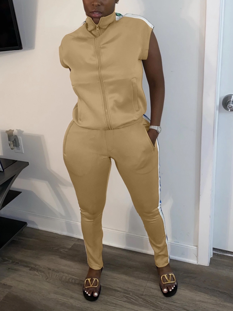 LW Striped Zipper Design Drawstring Pants Set
