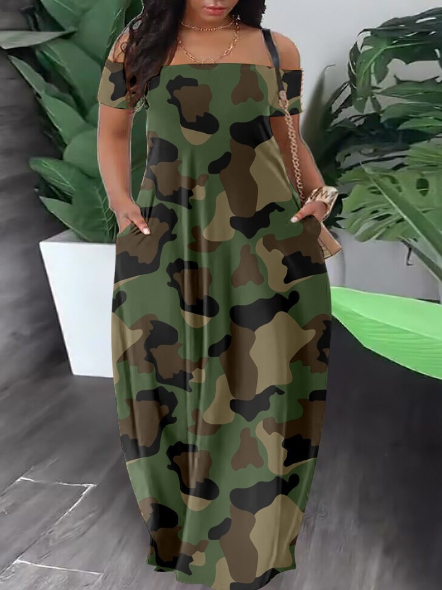 LW Off The Shoulder Camo A Line Dress