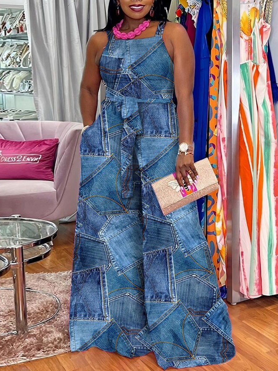 LW Plus Size Imitation Denim Bandage Design Wide L