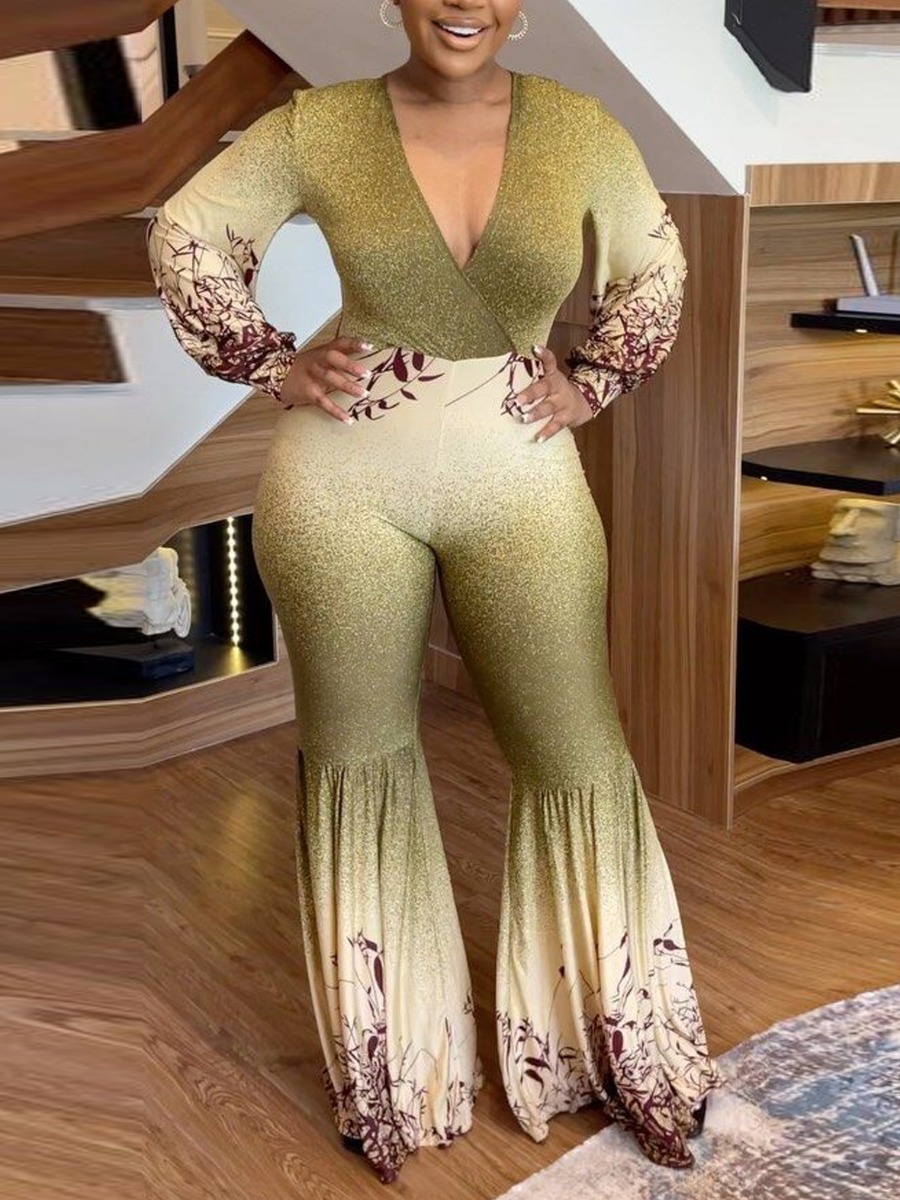 LW Plus Size Gradient Floral Print Flared Jumpsuit