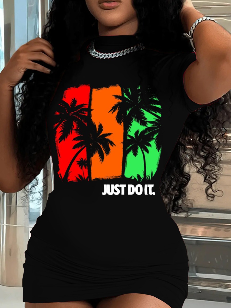 LW Plant Letter Print Bodycon Dress