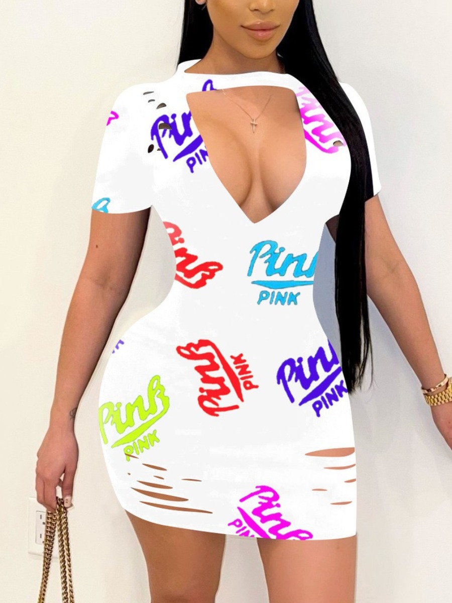 LW Plus Size Pink Letter Print Cut Out Bodycon Dress