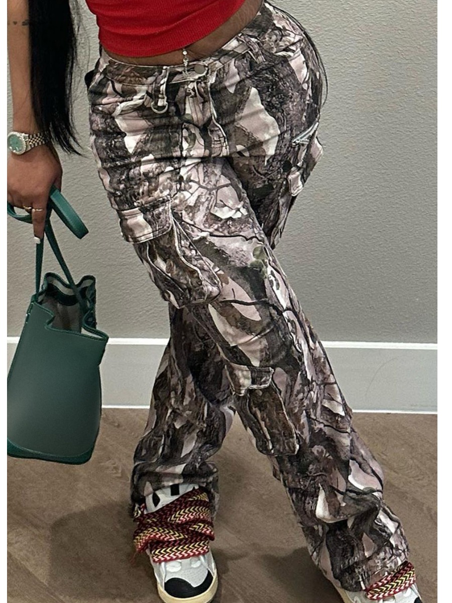 LW Mid Waist Mixed Print Side Pocket Cargo Pants