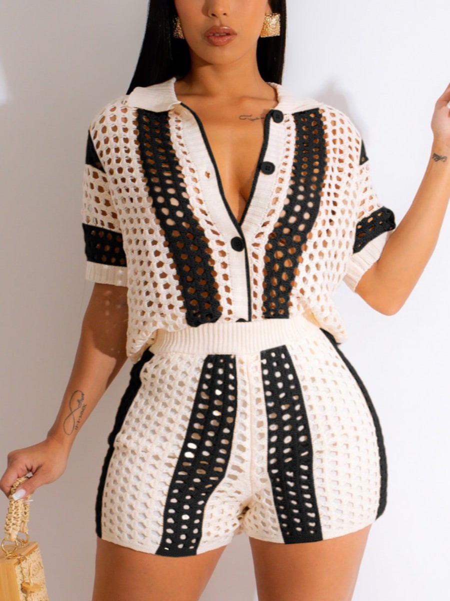 LW Handmade Knit Striped Shorts Set