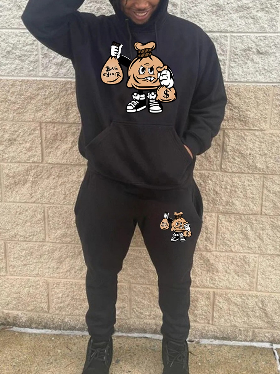 LW Men Cartoon Print Kangaroo Pocket Tracksuit Set