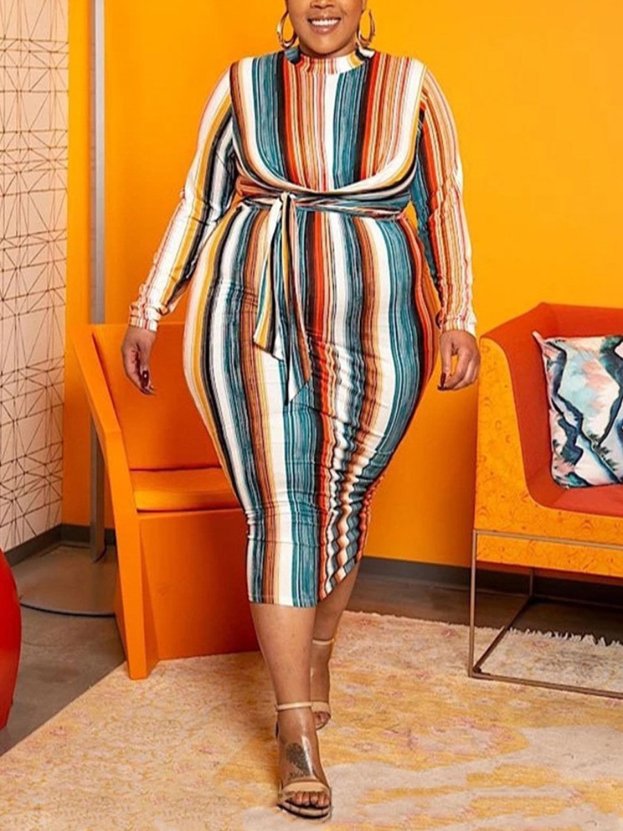 LW Plus Size Striped Bandage Design Bodycon Dress