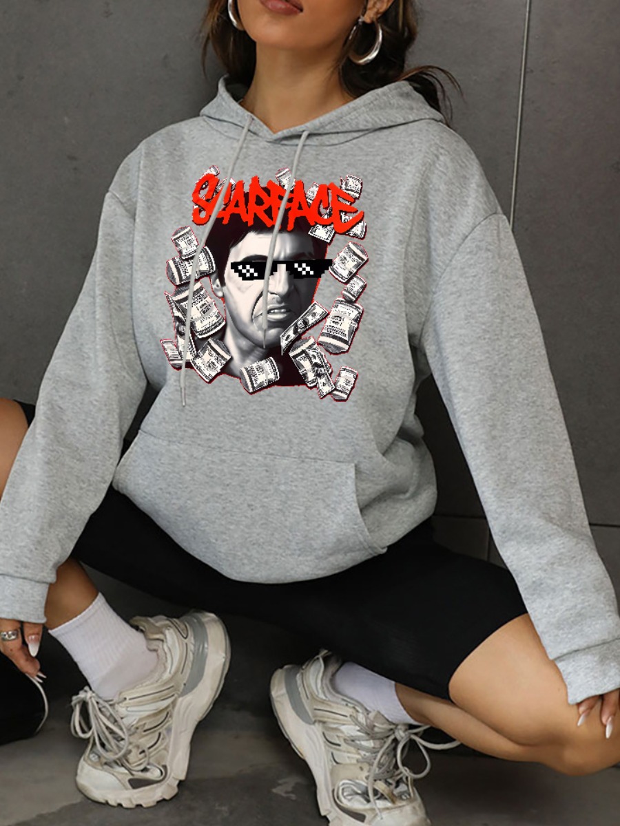 LW Plus Size Figure Money Print Kangaroo Pocket Hoodie