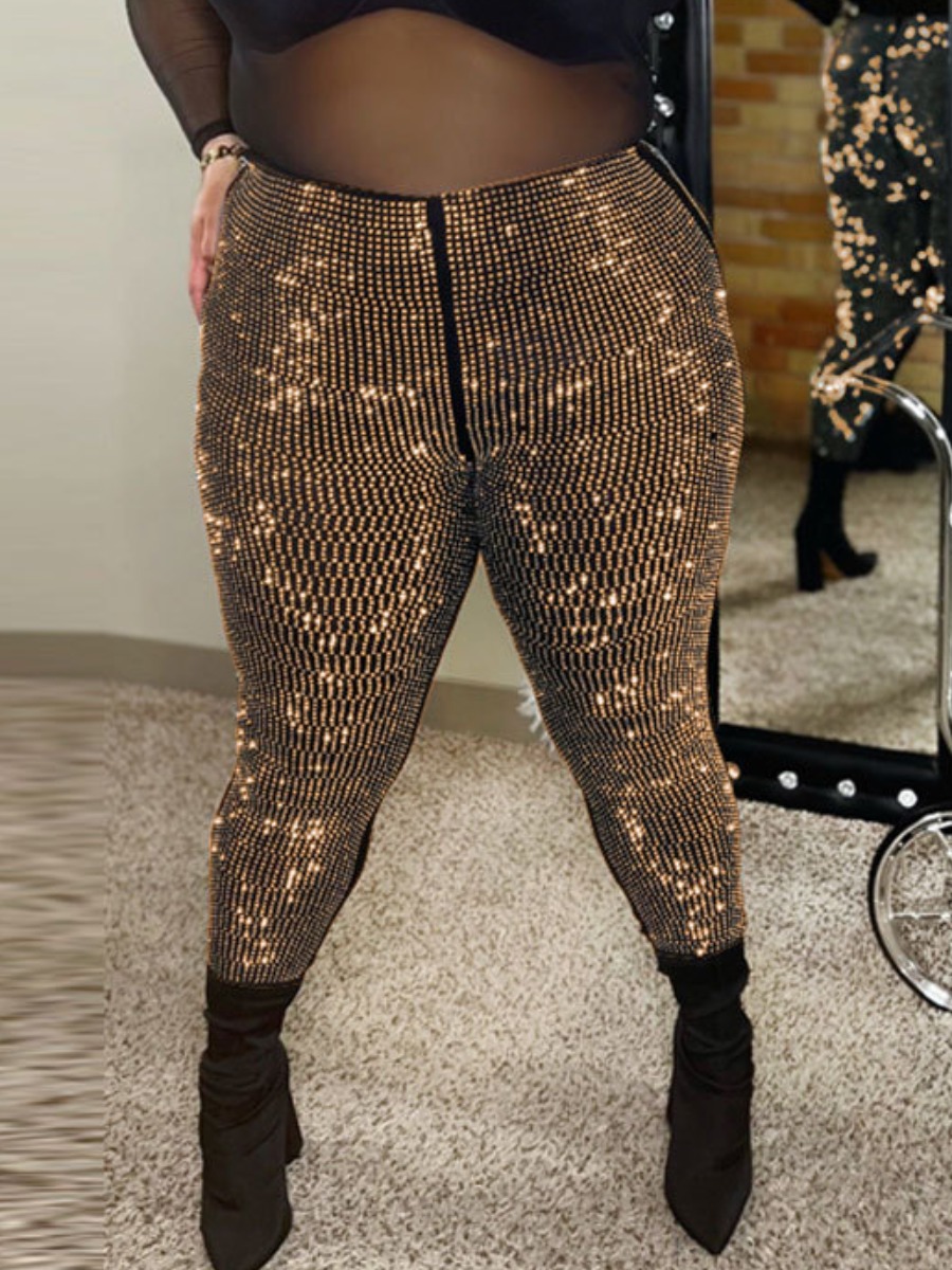 LW Plus Size Mid Waist Zipper Design Sequined Pants
