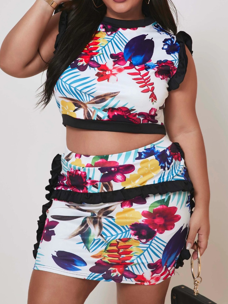 LW Plus Size Crop Top Floral Print Ruffle Design Skirt Set