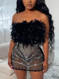 LW Plus Size Off The Shoulder See Through Rhinestone Feather Decor Dress