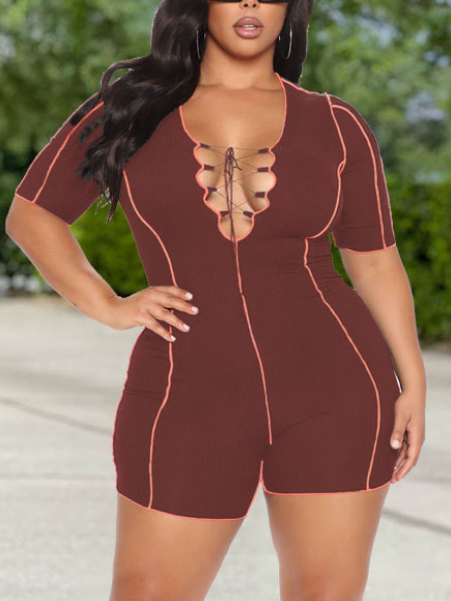 LW Plus Size Rib Knit Line Stitching Bandage Design Romper
