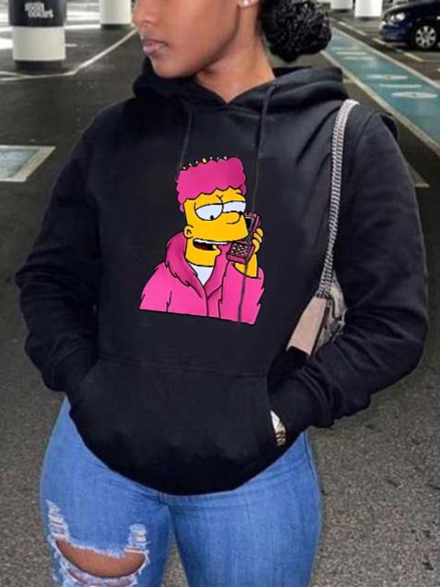LW Cartoon Print Kangaroo Pocket Hoodie