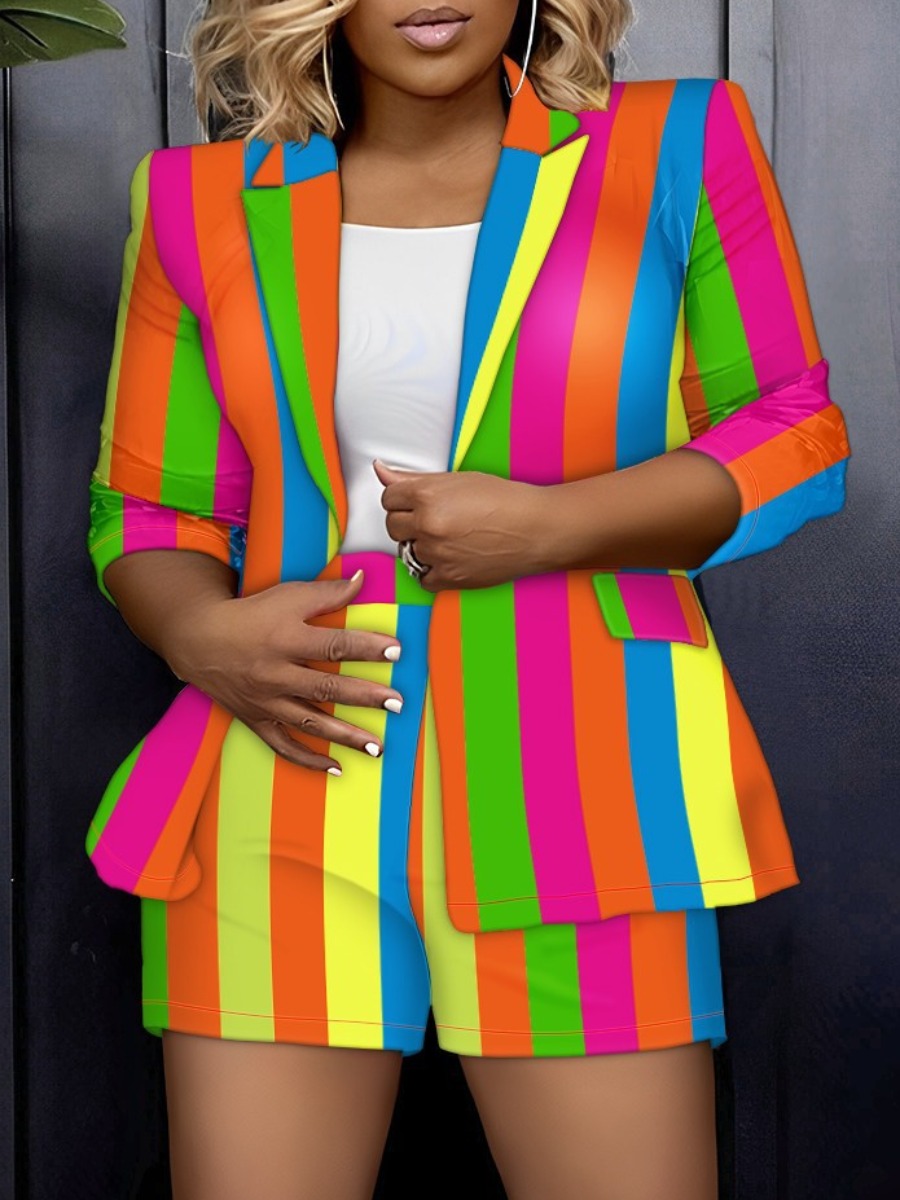 LW Plus Size Striped Patchwork Pocket Design Blazer Shorts Set