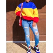 LW Casual O Neck Patchwork Blue Hoodie